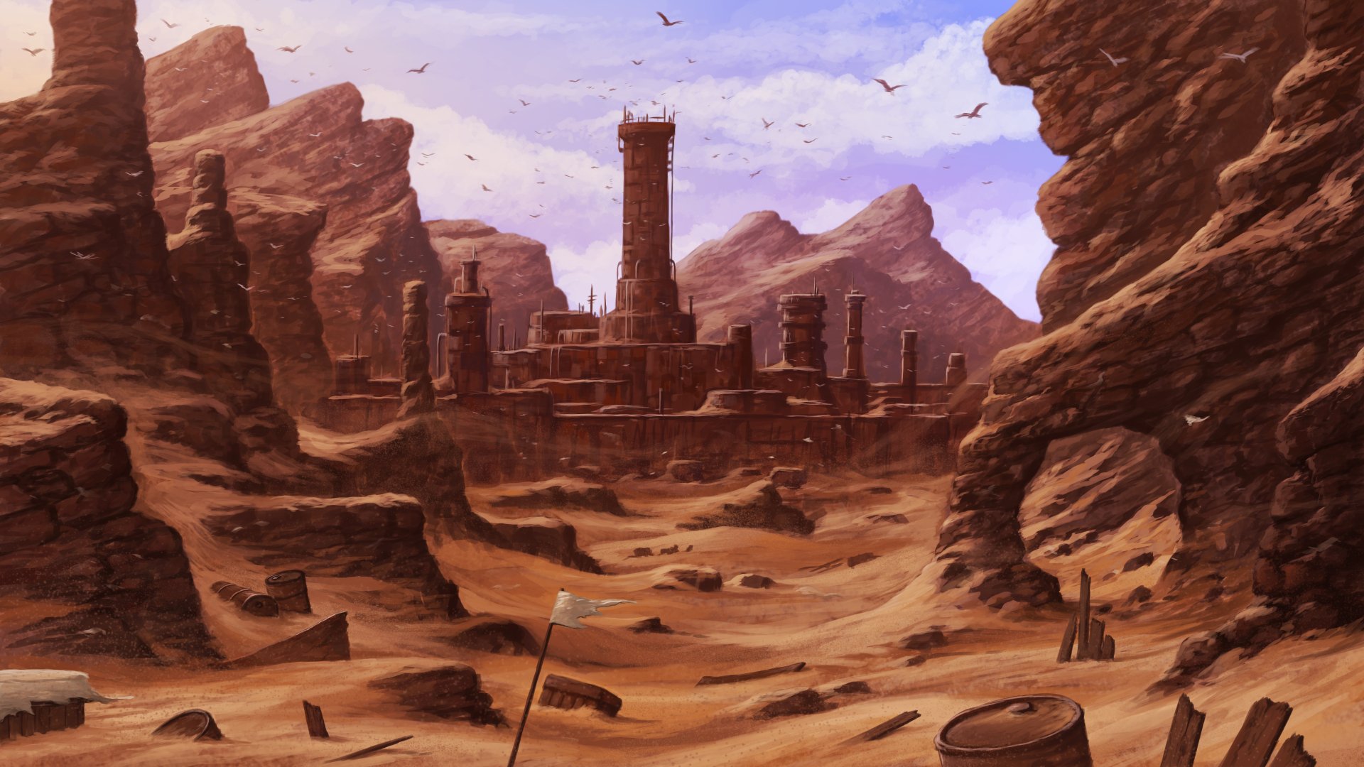 4K Ultra HD PC desktop wallpaper: a fantasy castle fortress rising from a windswept desert canyon, crumbling pillars and scattered ruins beneath a lavender sky.