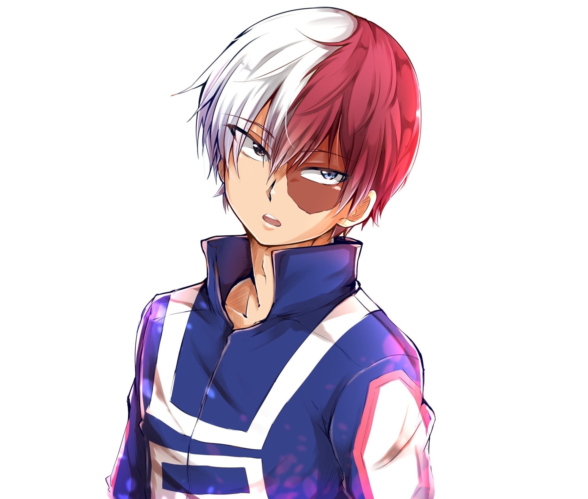 HD PC desktop wallpaper of Shoto Todoroki from My Hero Academia: half-white, half-red hair, serious expression, wearing blue-and-white U.A. training uniform on a clean white background.