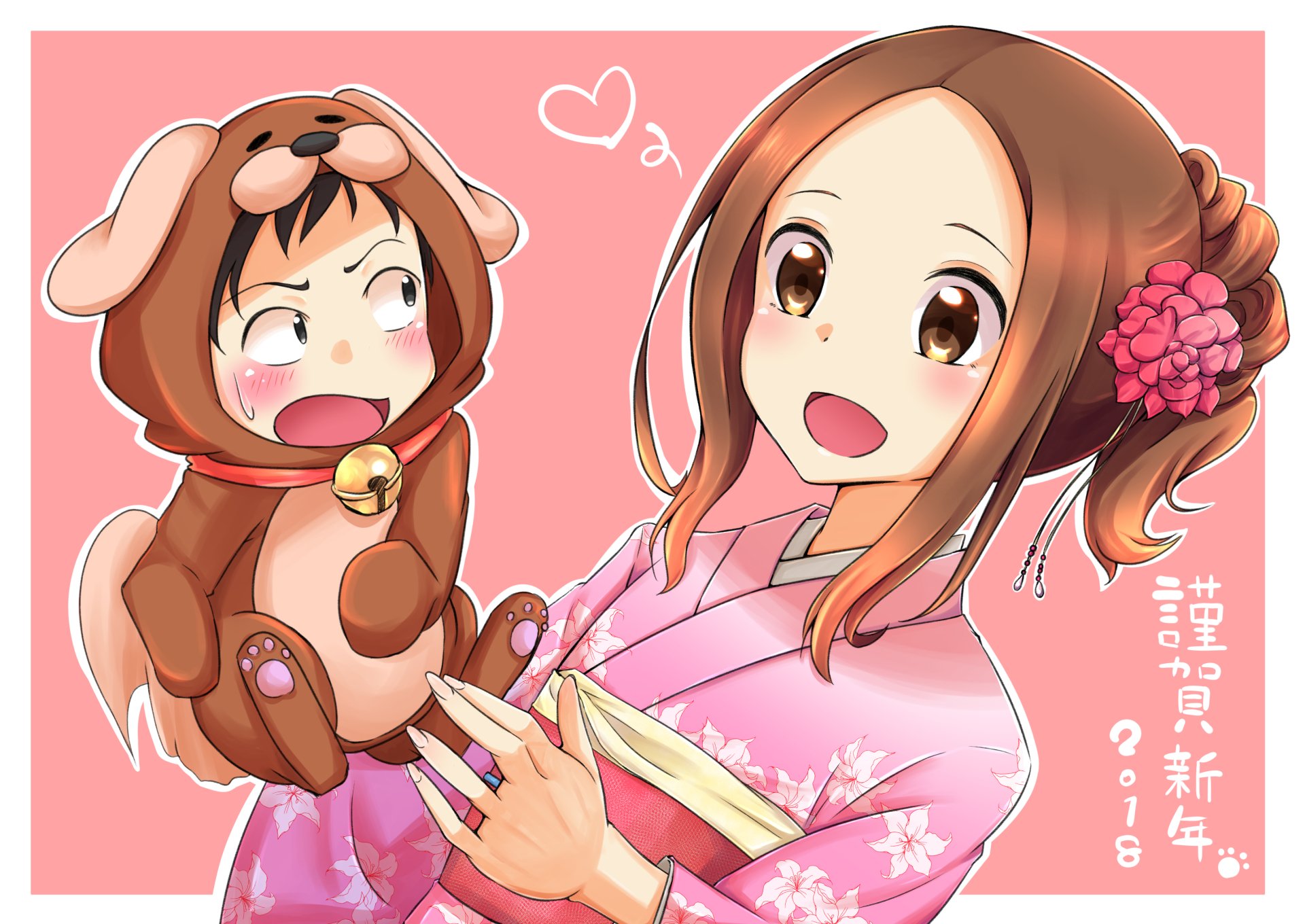 2K Quad HD anime desktop wallpaper from Karakai Jouzu no Takagi‑san: Takagi in a pink kimono smiles while holding Nishikata, who’s dressed in an adorable dog costume.