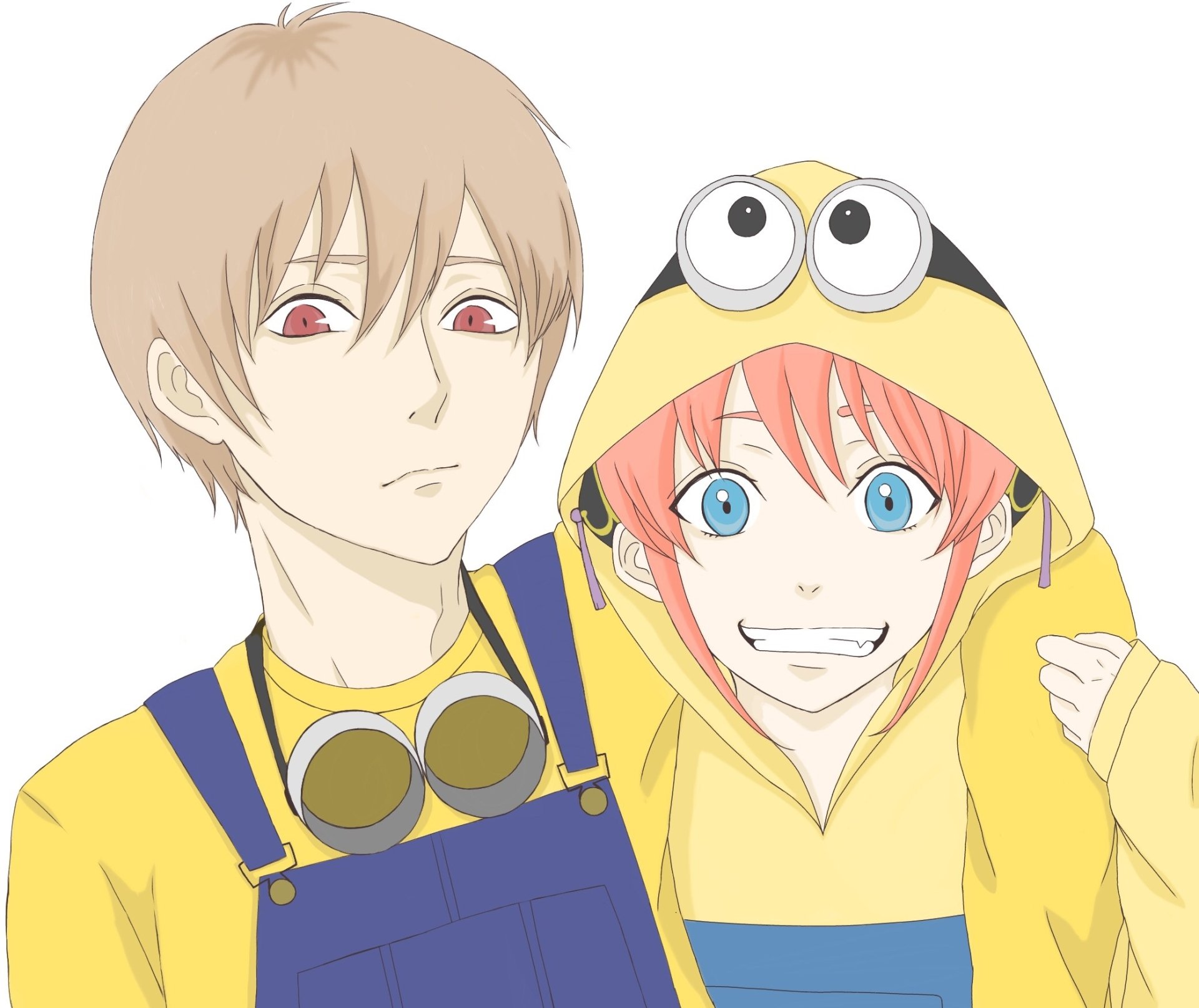 HD PC desktop wallpaper of Gintama anime: Okita Sougo and Kagura (Gintama). Kagura grins in a yellow hooded minion-like outfit; Okita wears a yellow shirt, blue overalls and goggles.