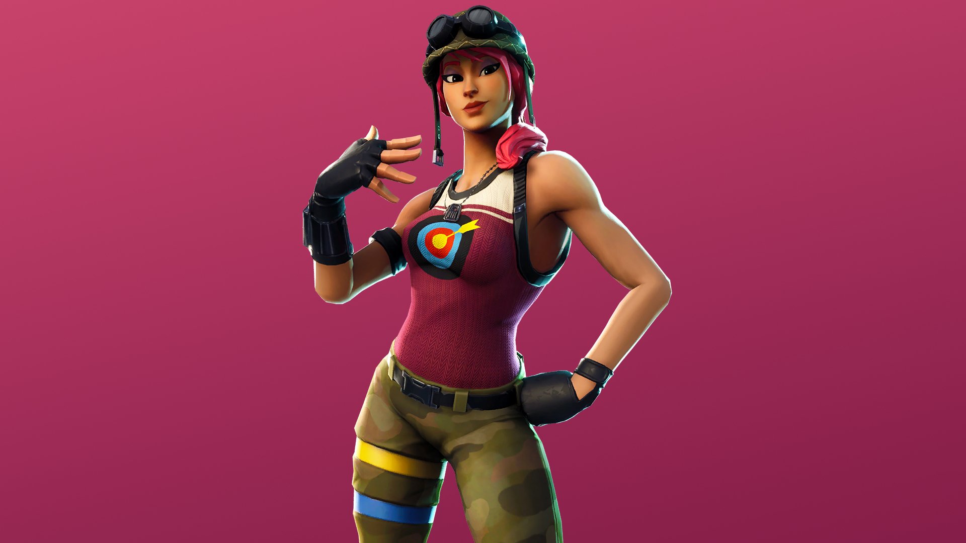 Fortnite character in colorful outfit posing against a solid pink background, displayed as a 4K Ultra HD PC desktop wallpaper.