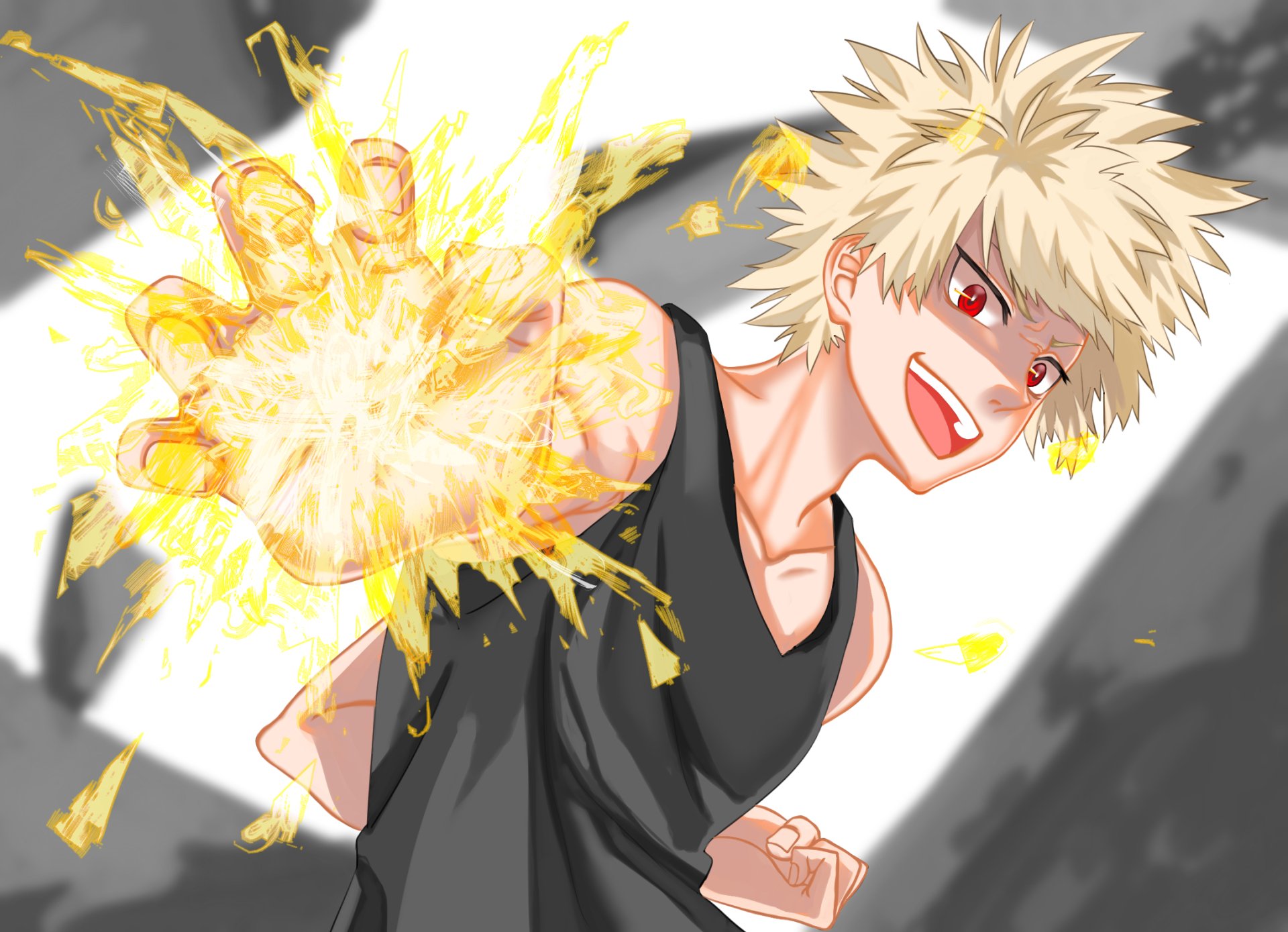 HD PC desktop wallpaper featuring Katsuki Bakugou from My Hero Academia unleashing explosive energy with a confident grin against a dynamic background.
