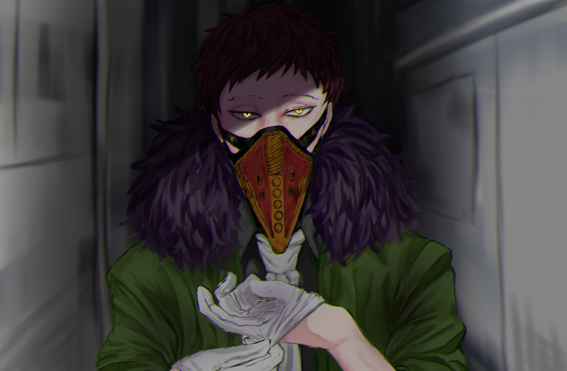 HD PC desktop wallpaper of Overhaul (Kai Chisaki) — My Hero Academia anime: masked figure in green coat with fur collar, gloved hands and intense eyes in a dim corridor.