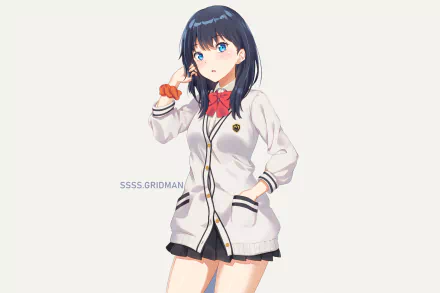 HD desktop wallpaper featuring Rikka Takarada from SSSS.Gridman, with blue eyes and blush, dressed in a school outfit against a white background.