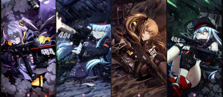 HD PC desktop wallpaper featuring Girls Frontline characters UMP9, UMP45, HK416, and G11 in dynamic poses from the video game Girls Frontline.