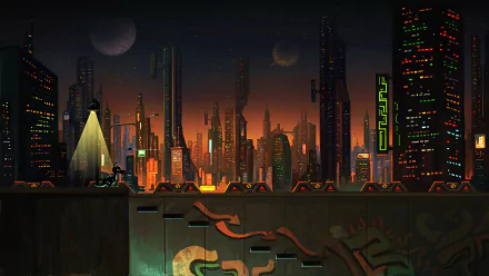 HD PC desktop wallpaper of a vibrant sci-fi cityscape at dusk with towering futuristic buildings, glowing neon lights, and a dark sky featuring two moons.