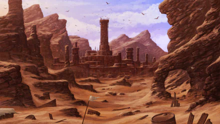 4K Ultra HD PC desktop wallpaper: a fantasy castle fortress rising from a windswept desert canyon, crumbling pillars and scattered ruins beneath a lavender sky.