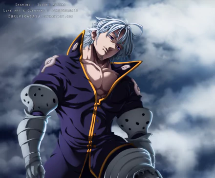 HD PC desktop wallpaper featuring Estarossa from the anime The Seven Deadly Sins, showcasing his intense gaze and detailed armor against a cloudy sky backdrop.