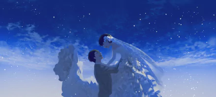 Anime couple with short black hair share a joyful moment under a starry night sky, the bride in a flowing wedding dress, captured in stunning 4K Ultra HD.