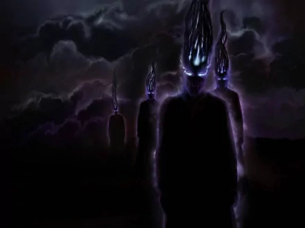 A dark, atmospheric HD desktop wallpaper featuring shadowy figures with fiery heads against a stormy sky, evoking themes of mystery and the supernatural.