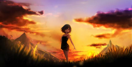 evening sunset short hair black hair red eyes Anime Original anime sunset HD Desktop Wallpaper | Background Image