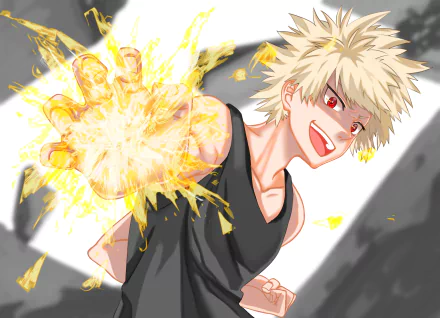 HD PC desktop wallpaper featuring Katsuki Bakugou from My Hero Academia unleashing explosive energy with a confident grin against a dynamic background.