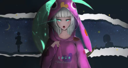 Original anime portrait of a white-haired, green-eyed girl in a pink hooded rabbit onesie beneath a glowing moon — 2K Quad HD PC desktop wallpaper/background.