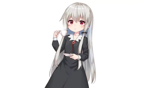 Anime character Sophie Twilight from Tonari no Kyuuketsuki-san holding a teacup and saucer, featured as an HD PC desktop wallpaper and background.