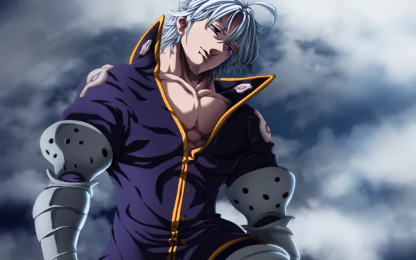 HD PC desktop wallpaper featuring Estarossa from the anime The Seven Deadly Sins, showcasing his intense gaze and detailed armor against a cloudy sky backdrop.