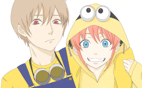 HD PC desktop wallpaper of Gintama anime: Okita Sougo and Kagura (Gintama). Kagura grins in a yellow hooded minion-like outfit; Okita wears a yellow shirt, blue overalls and goggles.