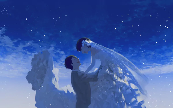 Anime couple with short black hair share a joyful moment under a starry night sky, the bride in a flowing wedding dress, captured in stunning 4K Ultra HD.