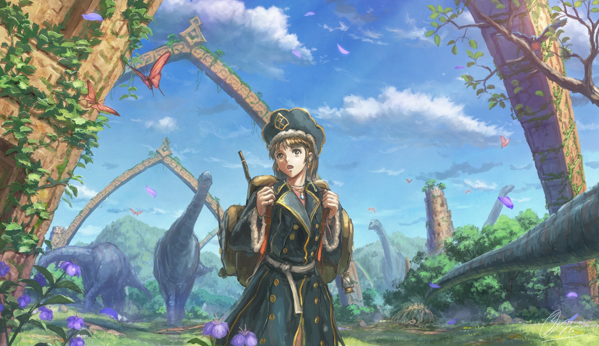Anime original HD PC desktop wallpaper: young officer in a dark uniform stands amid overgrown ancient arches, butterflies fluttering around and distant dinosaur silhouettes under a bright blue sky.