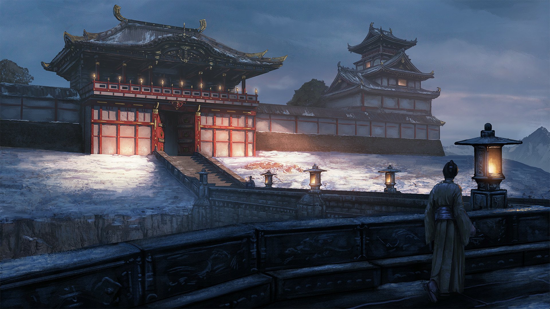 HD PC desktop wallpaper featuring a fantasy oriental building at dusk, with traditional architecture illuminated by soft lantern light and a solitary figure observing the scene.
