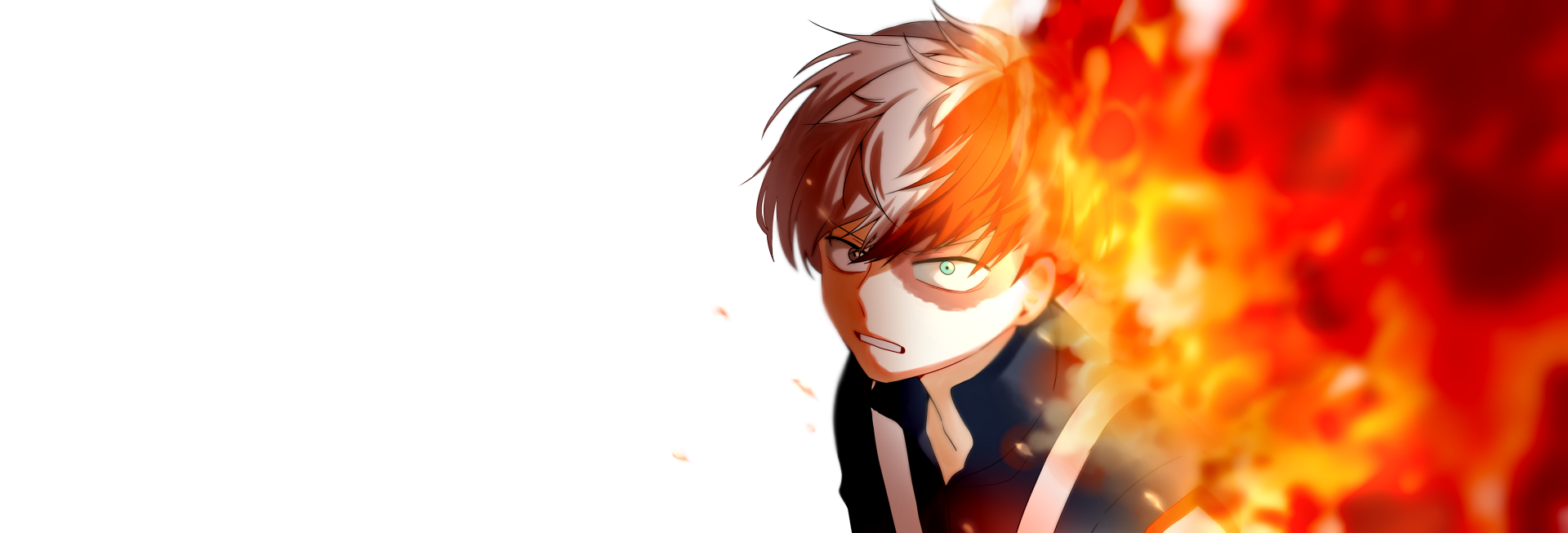 2K Quad HD PC anime wallpaper of Shoto Todoroki (My Hero Academia), close-up with fiery right side, icy left hair highlights and an intense gaze against a clean white background.