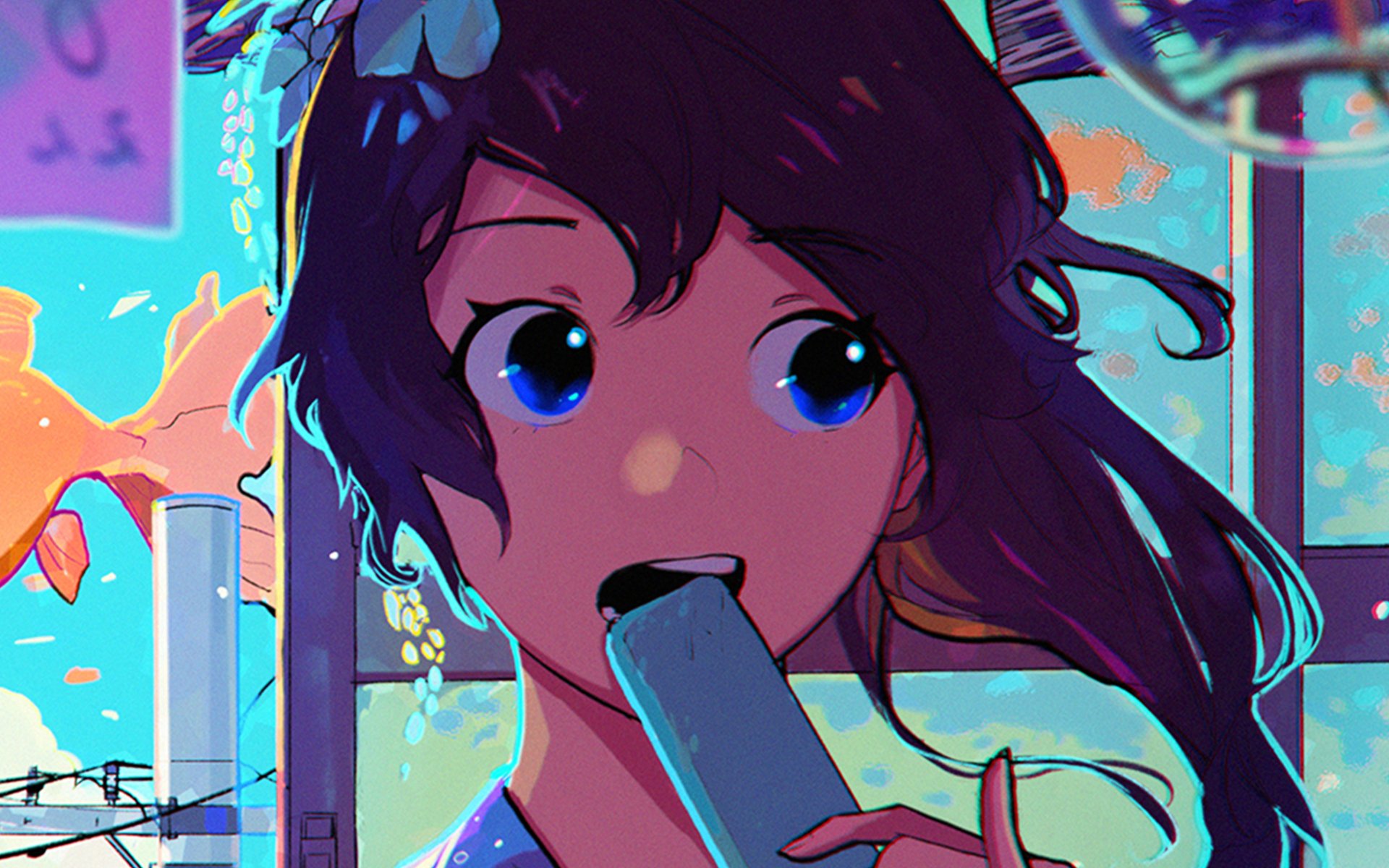 Anime-style original character with black hair and striking blue eyes eating, depicted in vibrant colors in a 4K Ultra HD PC desktop wallpaper and background.