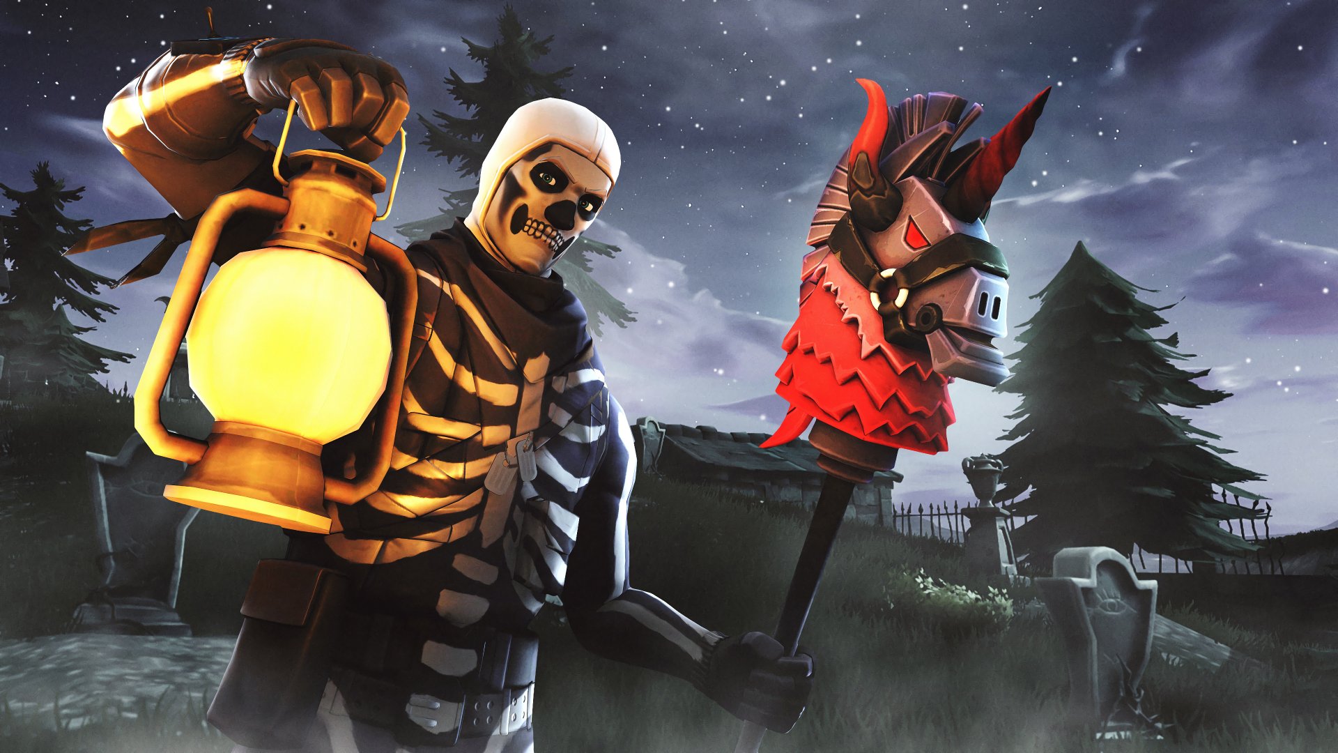 HD desktop wallpaper featuring two Fortnite characters, one dressed as a skeleton with a lantern and another wearing a llamathead outfit with a pickaxe, set in a dusky, forested background.