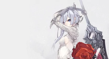 HD PC desktop wallpaper featuring a character from the video game SINoALICE, showcasing detailed anime-style art with a large red rose and an intricate weapon.