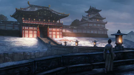 HD PC desktop wallpaper featuring a fantasy oriental building at dusk, with traditional architecture illuminated by soft lantern light and a solitary figure observing the scene.
