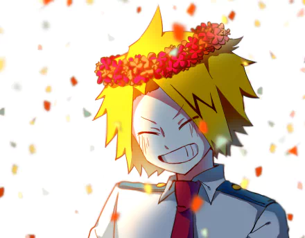Denki Kaminari (My Hero Academia) grinning with a flower crown and falling petals, bright backlight — 2K Quad HD anime PC desktop wallpaper/background.
