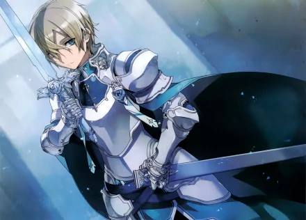 Anime character Eugeo from Sword Art Online: Alicization dressed in detailed white armor, holding the Blue Rose Sword. He has blonde hair and blue eyes. The scene is part of an HD desktop wallpaper.