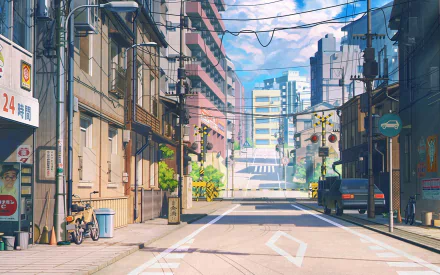 HD anime cityscape wallpaper featuring a quiet, detailed urban street with buildings, power lines, and a clear blue sky.