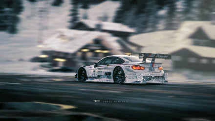 Rear three-quarter BMW M4 drifting on a wet mountain road past snow-covered chalets — stylized video game scene from The Crew; HD PC desktop wallpaper/background.