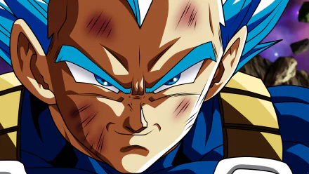 Close-up of Vegeta from Dragon Ball Super in his Super Saiyan Blue Evolved form, rendered as a vibrant 4K Ultra HD anime desktop wallpaper.