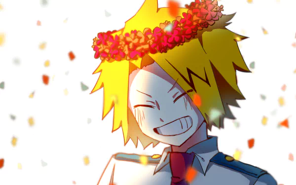 Denki Kaminari (My Hero Academia) grinning with a flower crown and falling petals, bright backlight — 2K Quad HD anime PC desktop wallpaper/background.