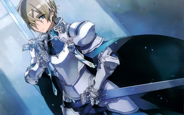 Anime character Eugeo from Sword Art Online: Alicization dressed in detailed white armor, holding the Blue Rose Sword. He has blonde hair and blue eyes. The scene is part of an HD desktop wallpaper.