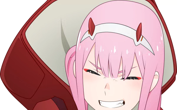 HD desktop wallpaper featuring Zero Two from the anime Darling in the FranXX. Zero Two is depicted with a fierce expression, characterized by her pink hair and red horns.