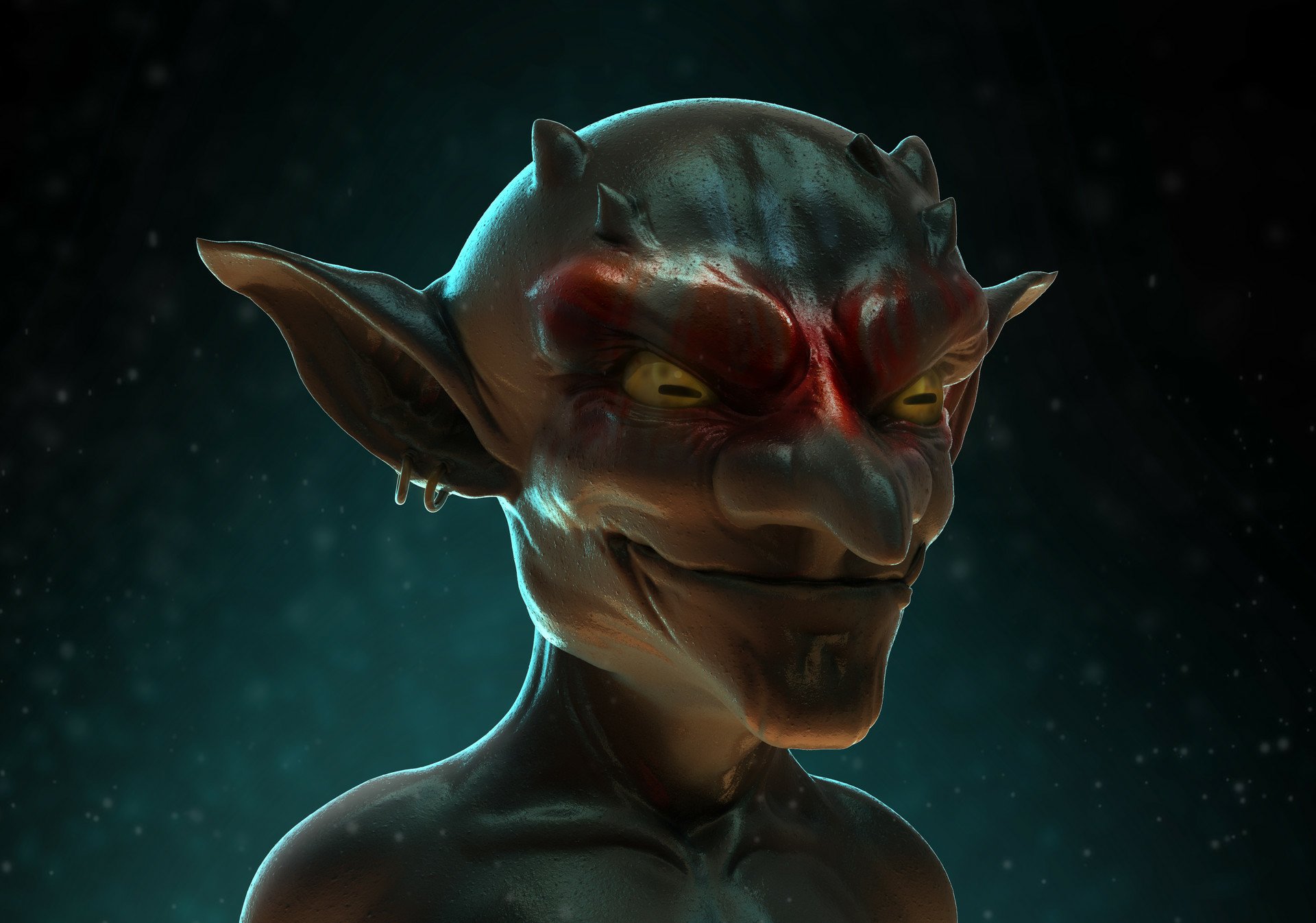 HD PC desktop wallpaper featuring a detailed, dark goblin character from the anime Goblin Slayer, showcasing sharp features and an eerie expression against a dim background.