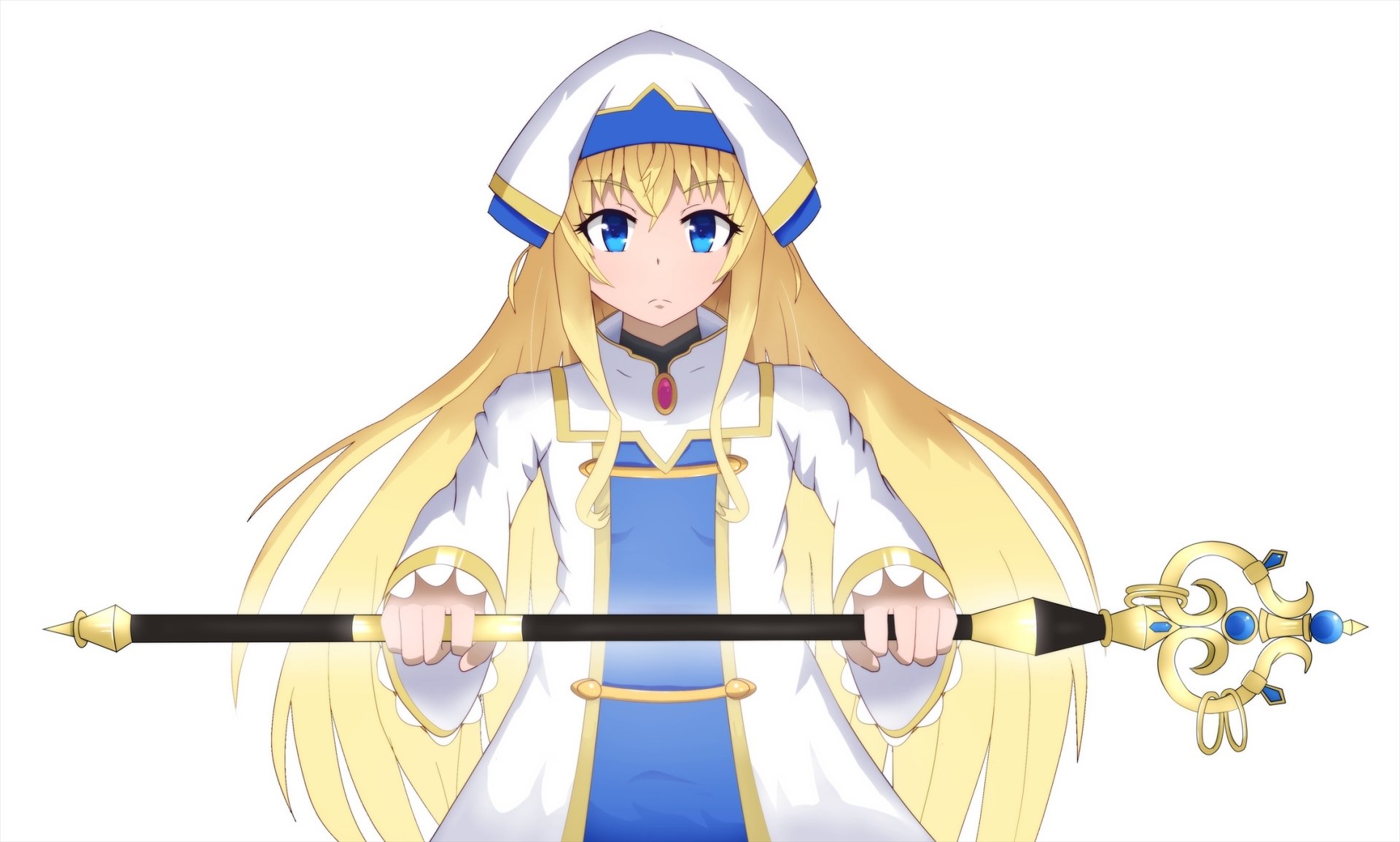 HD anime wallpaper featuring Priestess from Goblin Slayer, depicted in her white and blue clerical attire holding a staff, set against a plain white background.