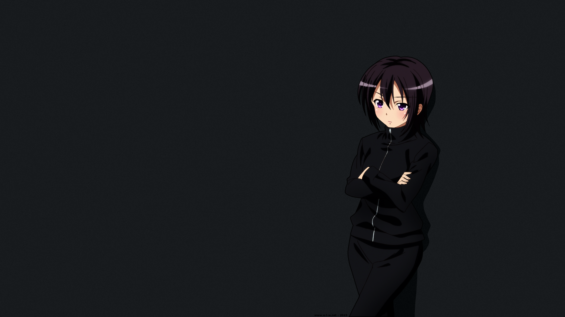 Anime HD PC desktop wallpaper of Yozora Mikazuki (Boku wa Tomodachi ga Sukunai): standing with arms crossed in a black hoodie against a dark minimalist background.