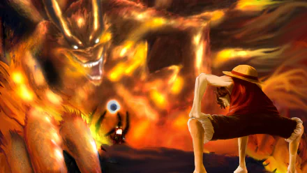 HD anime desktop wallpaper featuring a crossover between Naruto’s Kurama and One Piece’s Monkey D. Luffy facing off in a fiery, intense scene.