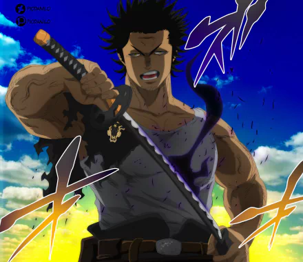 HD desktop wallpaper featuring Yami Sukehiro from the anime Black Clover. Yami is depicted holding a sword with a blue sky and clouds in the background.