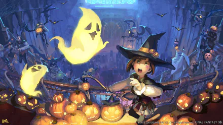 HD Final Fantasy XIV desktop wallpaper featuring a festive Halloween scene with a witch character, glowing pumpkins, and friendly ghosts in a spooky setting.