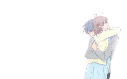 HD anime desktop wallpaper featuring Nagisa Furukawa and Tomoya Okazaki from Clannad sharing a warm embrace against a white background.
