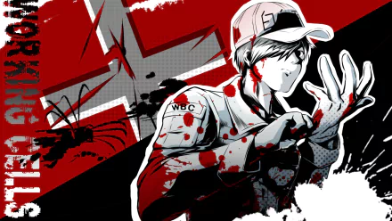 HD PC desktop wallpaper featuring U-1146 from the anime Cells At Work!, depicted with dynamic red, black, and white tones in a bold, action-ready pose.
