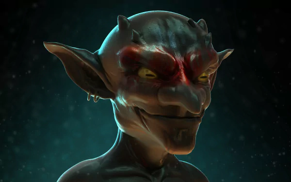 HD PC desktop wallpaper featuring a detailed, dark goblin character from the anime Goblin Slayer, showcasing sharp features and an eerie expression against a dim background.
