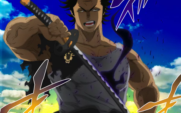 HD desktop wallpaper featuring Yami Sukehiro from the anime Black Clover. Yami is depicted holding a sword with a blue sky and clouds in the background.