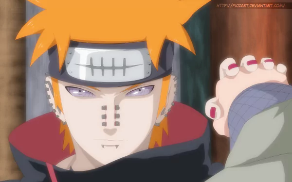 4K Ultra HD anime wallpaper featuring Pain from Naruto with distinctive orange hair, facial piercings, and a focused expression.