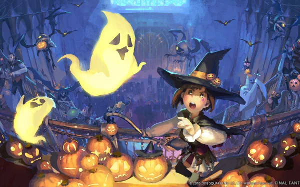 HD Final Fantasy XIV desktop wallpaper featuring a festive Halloween scene with a witch character, glowing pumpkins, and friendly ghosts in a spooky setting.