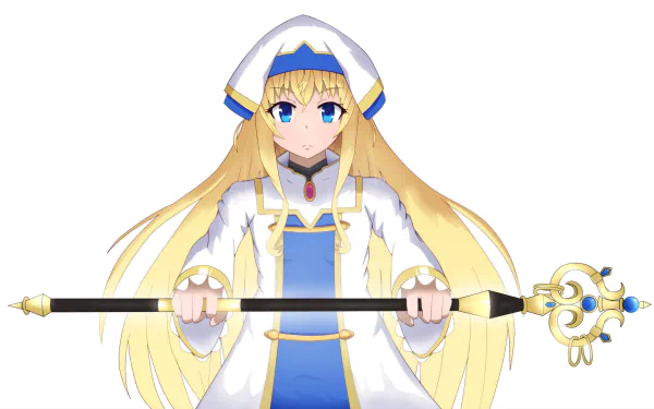 HD anime wallpaper featuring Priestess from Goblin Slayer, depicted in her white and blue clerical attire holding a staff, set against a plain white background.