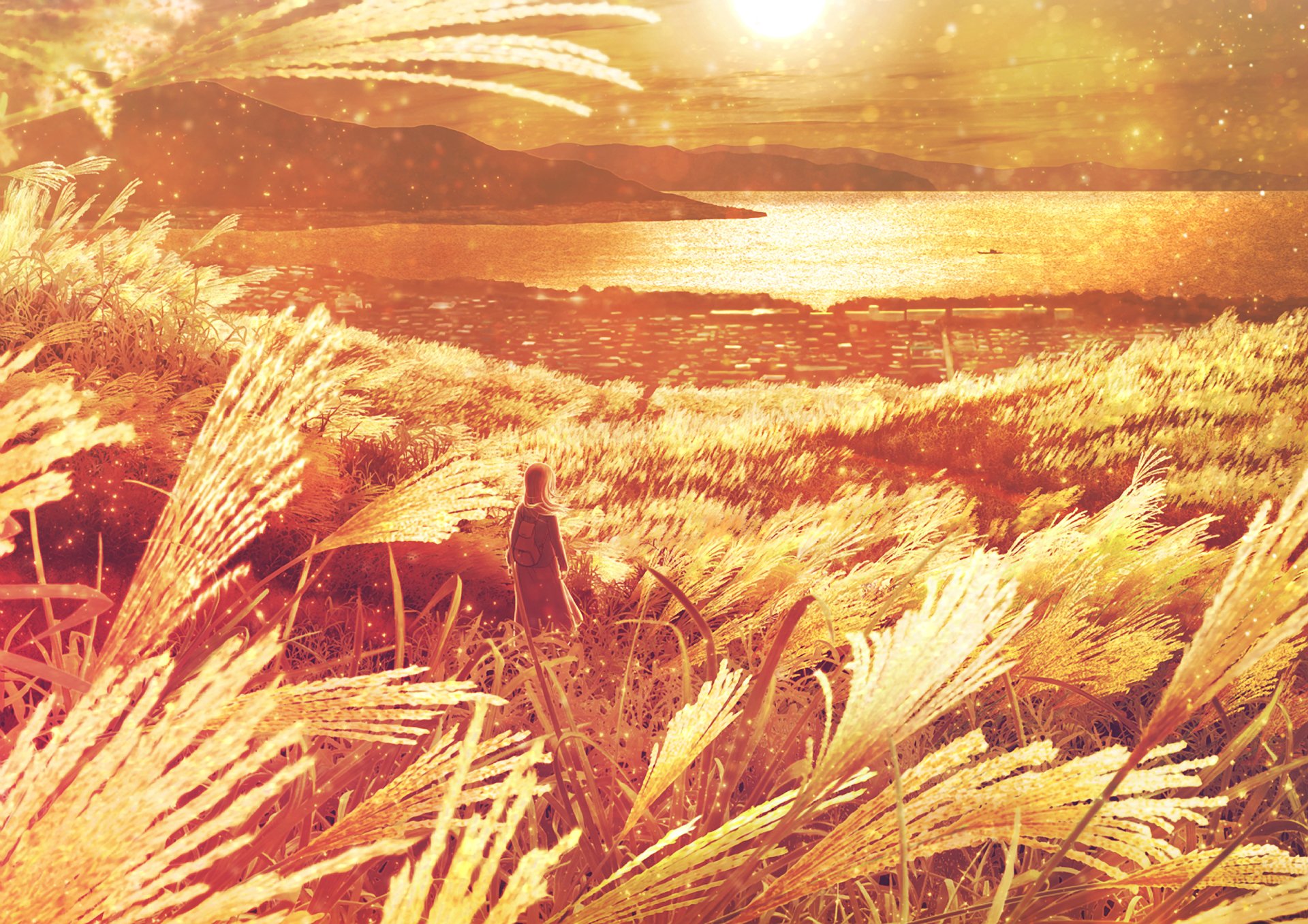 A serene anime-inspired scene featuring vibrant golden grass swaying in the breeze, with a picturesque sunset over the water, designed as a HD PC desktop wallpaper.